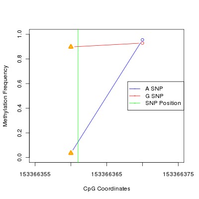 Allele Specific Methylation Frequency Diagram for chrX 153366361 SNP.