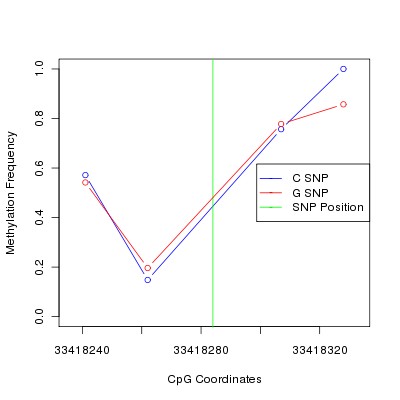 Allele Specific Methylation Frequency Diagram for chr21 33418284 SNP.