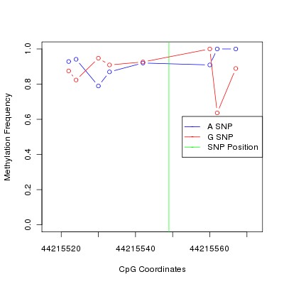 Allele Specific Methylation Frequency Diagram for chr20 44215549 SNP.