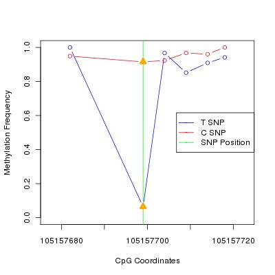 Allele Specific Methylation Frequency Diagram for chr12 105157699 SNP.