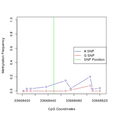 Allele Specific Methylation Frequency Diagram for chr20 33668449 SNP.