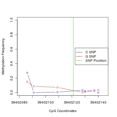 Allele Specific Methylation Frequency Diagram for chr20 39402121 SNP.